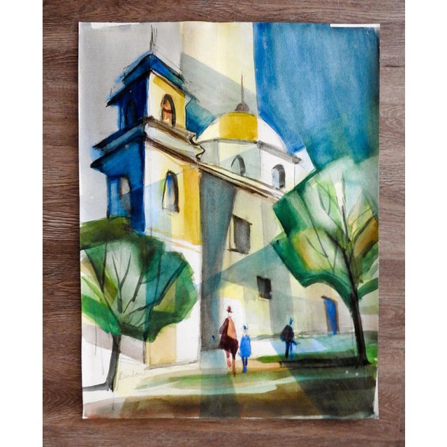 Mid-Century Modern Vintage Mid Century Mission San Jose San Antonio Texas Watercolor Painting For Sale - Image 3 of 4