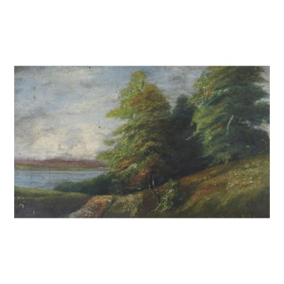 Antique Distressed European River & Forest Landscape Painting For Sale