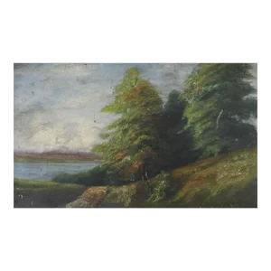 Antique Distressed European River & Forest Landscape Painting