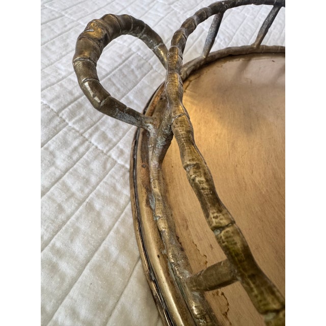 Brass Solid Brass XL Tray With Bamboo-Shaped Rails & Handles, Oval-Shaped For Sale - Image 8 of 12