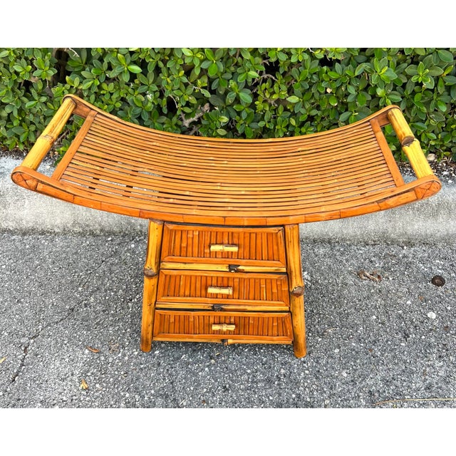 Klismos Style Bamboo Curved Rattan Bench With Drawers For Sale - Image 11 of 13