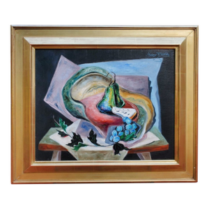 Still Life With Pears and Plums Modernist Woodstock Oil on Canvas Woman Artist Signed Peggy Dodds