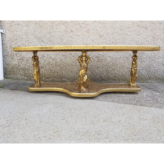 Hollywood Regency Victorian Modern Statue Ornate Gold Glass Coffee