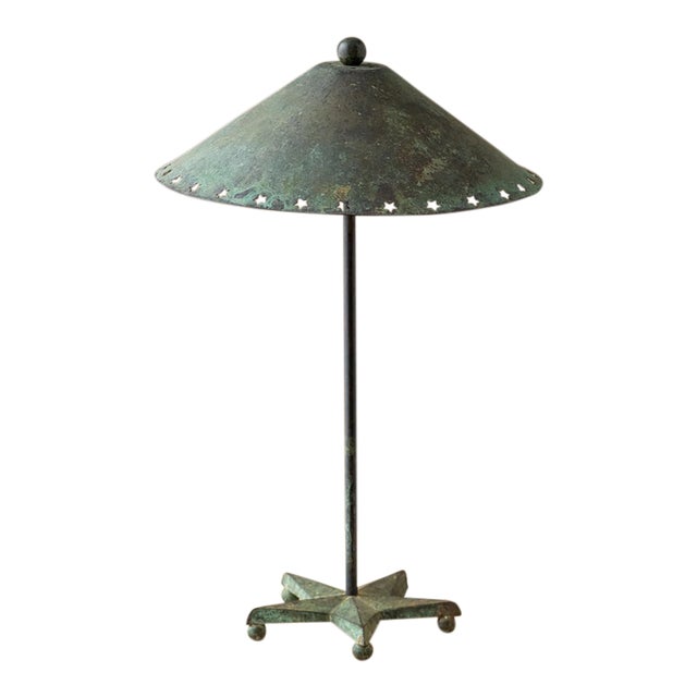Vintage Verdigris Copper Alloy Brutalist Star Table Lamp For Sale