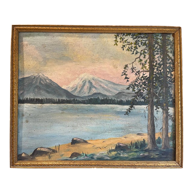 Vintage Mountain Landscape Oil Painting on Board For Sale