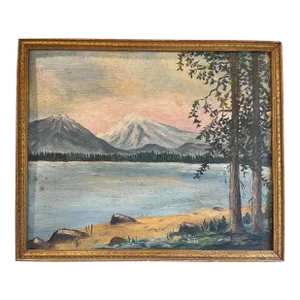 Vintage Mountain Landscape Oil Painting on Board