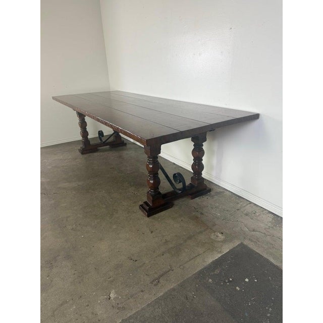 Monumental Spanish Revival Style Walnut Trestle Dining Table With Hand-Hewn Top For Sale - Image 4 of 8