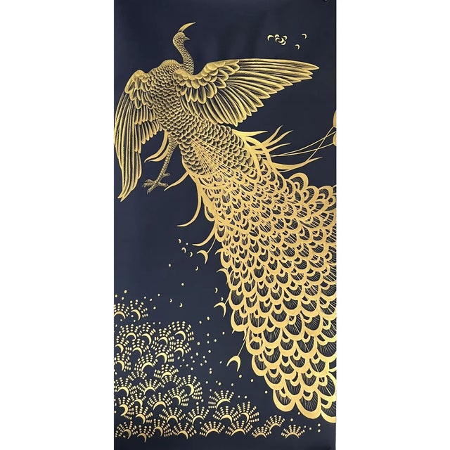 Hand-Painted Silk Phoenix Wallpaper Panel in Empire Blue & Gold Transform an interior with the dramatic beauty of this...
