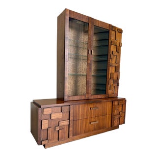 1970s Lane Staccato Brutalist 2pc Hutch Display Cabinet For Sale
