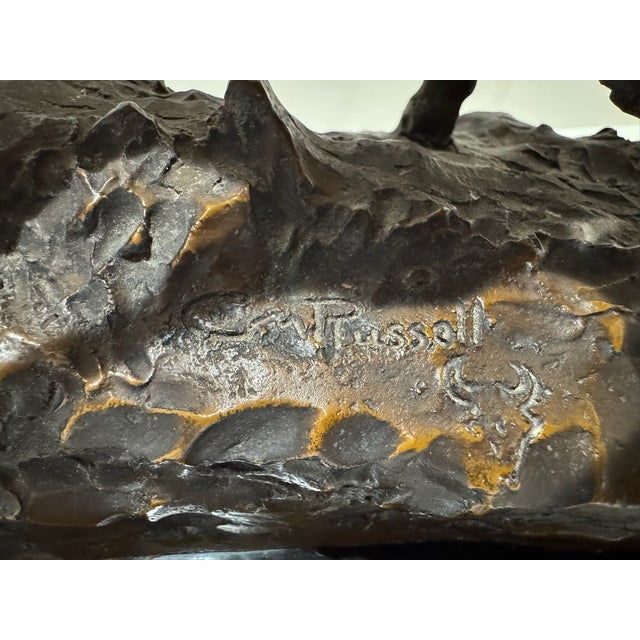 Metal 1940s Western Bronze Cowboy Roping Cattle Sculpture Signed Charles M Russell Style on Marble Base For Sale - Image 7 of 8