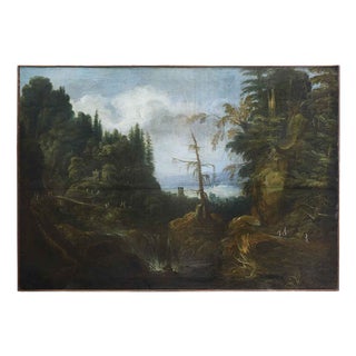 Venetian School, Animated Mountain Landscape with Architecture, 1800s, Oil on Canvas For Sale