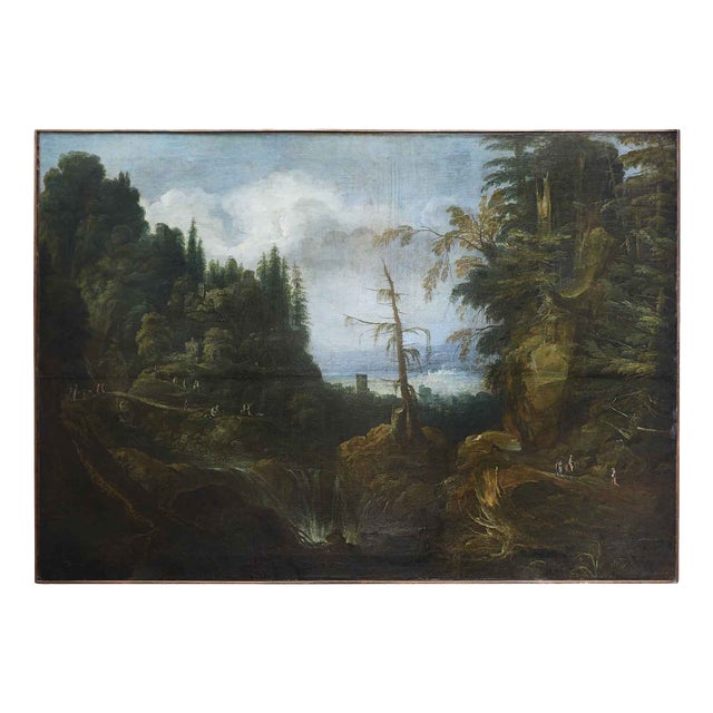 Venetian School, Animated Mountain Landscape with Architecture, 1800s, Oil on Canvas For Sale