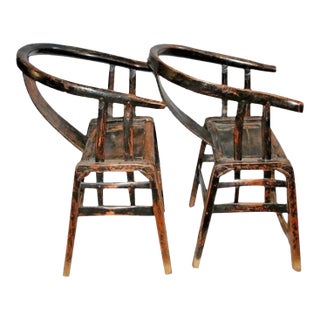 Chinese Antique Yoke Armed Horseshoe Chairs Handmade Forged Iron Supports - a Pair For Sale