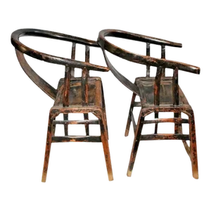 Chinese Antique Yoke Armed Horseshoe Chairs Handmade Forged Iron Supports - a Pair