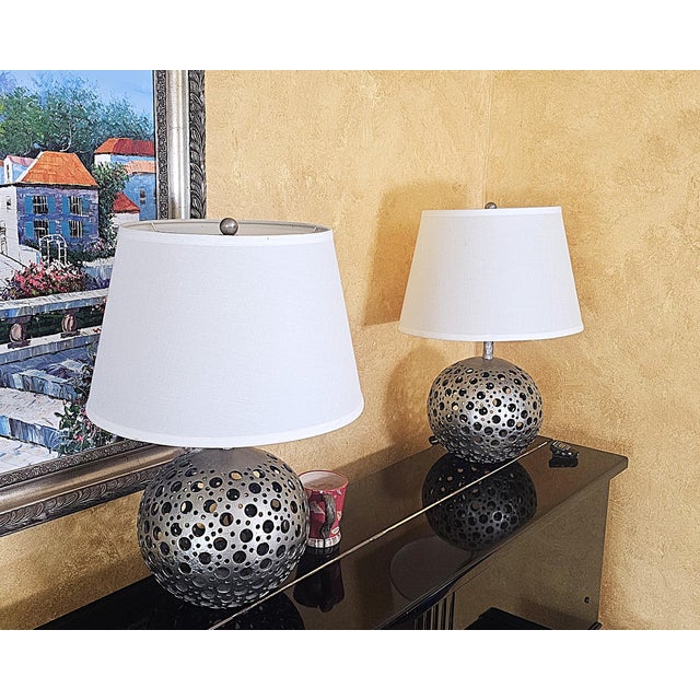 Pair of Pierced Pewter Globe Table Lamps With Shades For Sale - Image 18 of 18