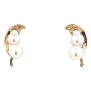 1990s Pair of Mikimoto Estate Akoya Pearl Earrings 14k Y Gold 6.44 mm For Sale