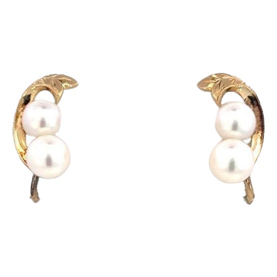 1990s Pair of Mikimoto Estate Akoya Pearl Earrings 14k Y Gold 6.44 mm For Sale