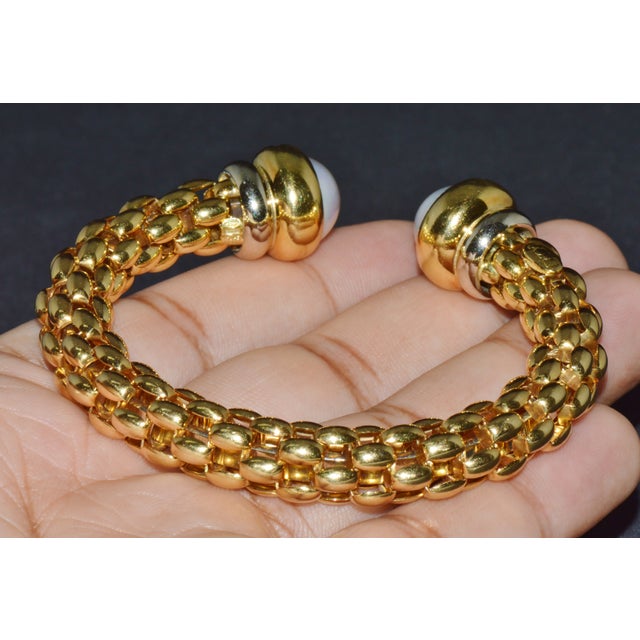 Gold Vintage Fope Flex It Solid 18k Gold Pearl Open Cuff Bangle Bracelet For Sale - Image 8 of 13