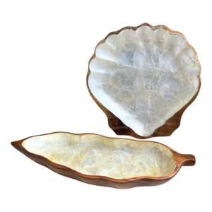 Vintage Large Carved Monkey Pod Wood and White Capiz Shell Lined Palm Fron & Scallop Shell Trays - Set of Two