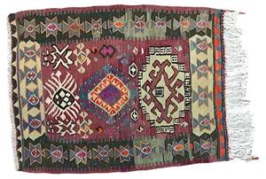 Small Vintage Turkish Black, Red, and Blue Wool Tribal Kilim Rug, 1950s