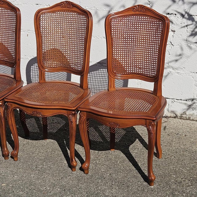 Vintage Louis XV Style Wood and Cane Dining Chairs, 1980s, Set of 4 For Sale - Image 4 of 18