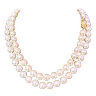 1990s Mikimoto Estate Akoya Pearl Necklace 18k Gold Certified For Sale