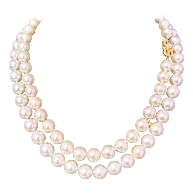 1990s Mikimoto Estate Akoya Pearl Necklace 18k Gold Certified For Sale