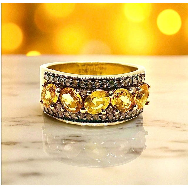 Yellow Bochic “Orient” Vintage Yellow Sapphire & Diamond Ring Set In 18K Gold & Silver For Sale - Image 8 of 17