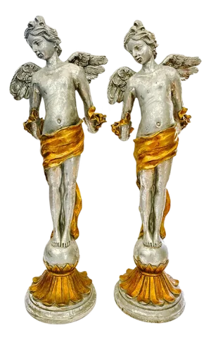 Mid 20th Century Baroque Style Putti Candlestick Holders in Silvered & Gilt Finish - A Pair