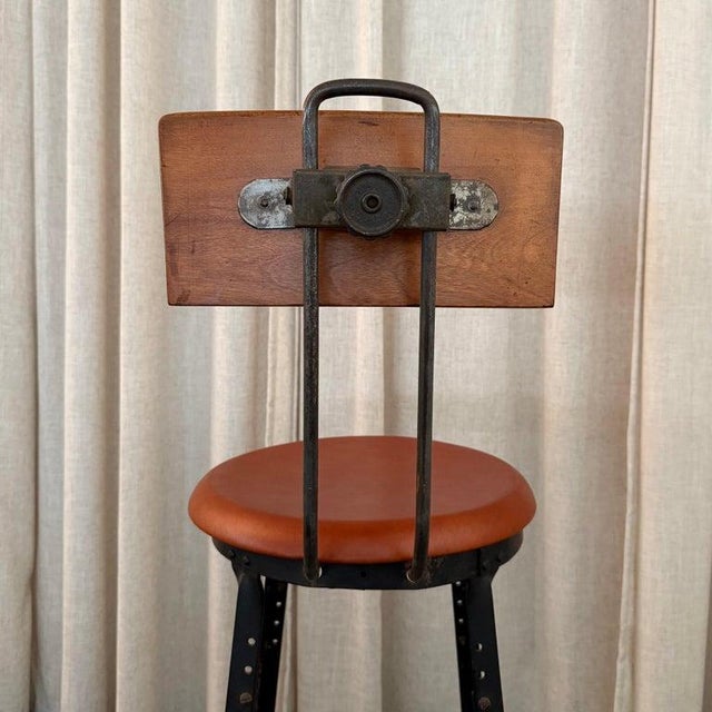 Wood 1940s Industrial Train Station Switchboard Operator Stool by Angle Steel For Sale - Image 7 of 9