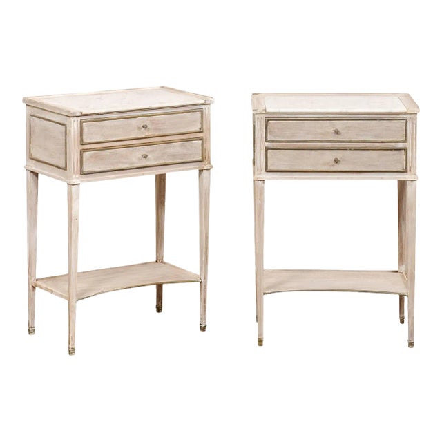 Mid 20th Century French Pair Marble Top Side Chests with Brass For Sale