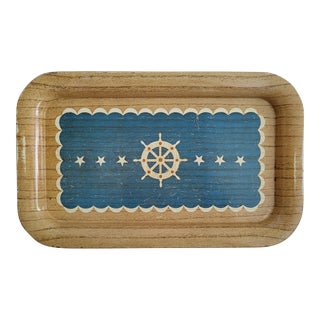 1950s Mid Century Metal Faux Bois Nautical Serving Tray For Sale
