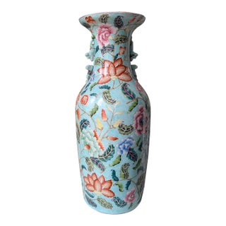 Large Hand-Painted Turquoise Porcelain Floor Vase, 23.5” For Sale