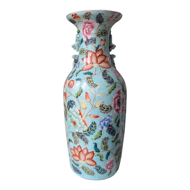Large Hand-Painted Turquoise Porcelain Floor Vase, 23.5” For Sale