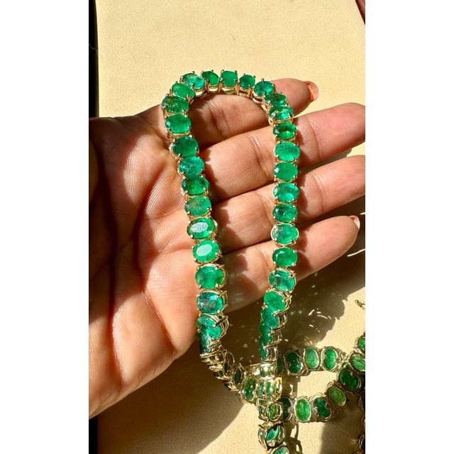 Modern Gia Certified 110 Ct Natural Oval Emerald Necklace, 14 K Gold 57.3 Gm , 18 " For Sale - Image 3 of 8
