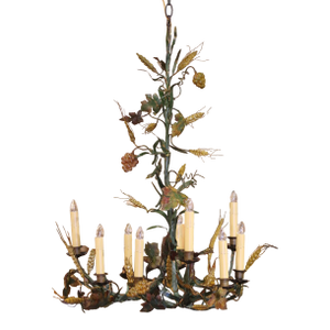 19th Century Italian Hand Painted Brass Grape & Wheat Eight-Light Chandelier