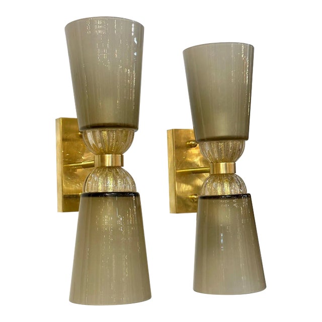 Pair of Modern Murano Glass and Brass Double Cone Sconces For Sale