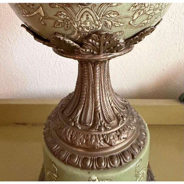 Hollywood Regency Vintage Hua Rong Tang Zhi Bronze Mounted Sage Green Crackle Porcelain Urn Vase For Sale - Image 3 of 12