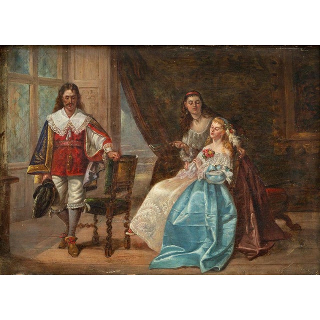 Antique oil on canvas painting depicting a genre scene in an aristocratic setting belonging to the first half of the 19th...