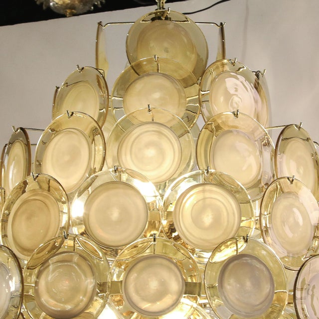 Modernist 10-Tier Handblown Topaz Murano Glass Disc Chandelier W/ Brass Fittings For Sale - Image 14 of 17