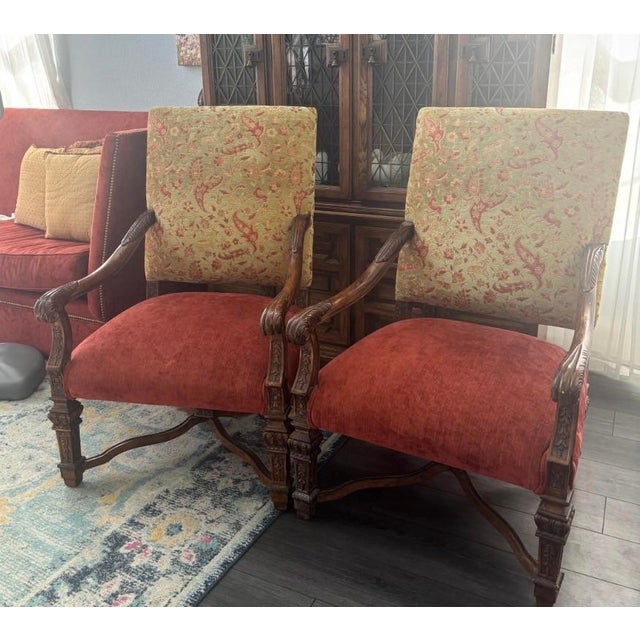 Mid 19th Century Pair of Vintage Baroque Style Carved Wood Armchairs With Floral Upholstery & Rust Seats For Sale - Image 5 of 12