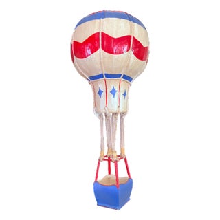 Vintage French-Style Hot Air Balloon Sculpture – Handcrafted Papier-Mâché, Tole & Rope – Patriotic Folk Art Hanging Object For Sale