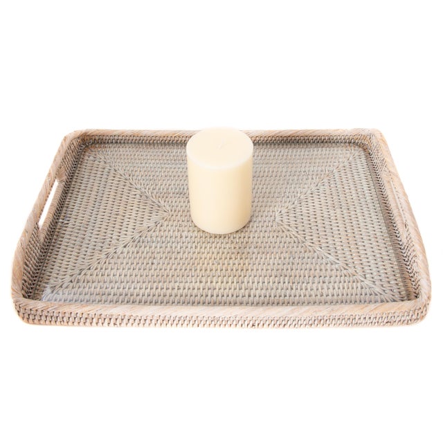 Boho Chic Artifacts Rattan Rectangular Tray with Glass Insert in White Wash - 17" For Sale - Image 3 of 6