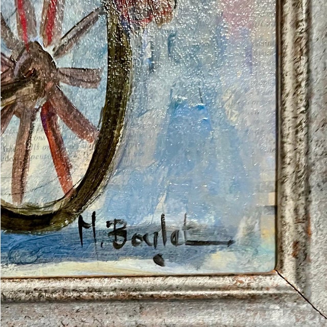 Textile Michel Boulet, Charming French Naive Art, Clowns on Bicycle Michel Boulet Folk Art Oil Painting For Sale - Image 7 of 11