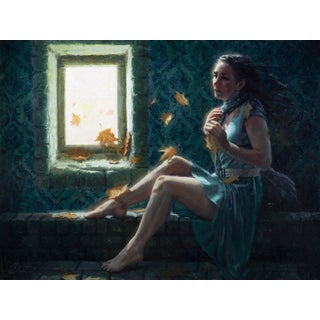 Window of Life 1 by Christopher Clark | Oil on wood panel Woman sitting by a window with falling leaves. For Sale