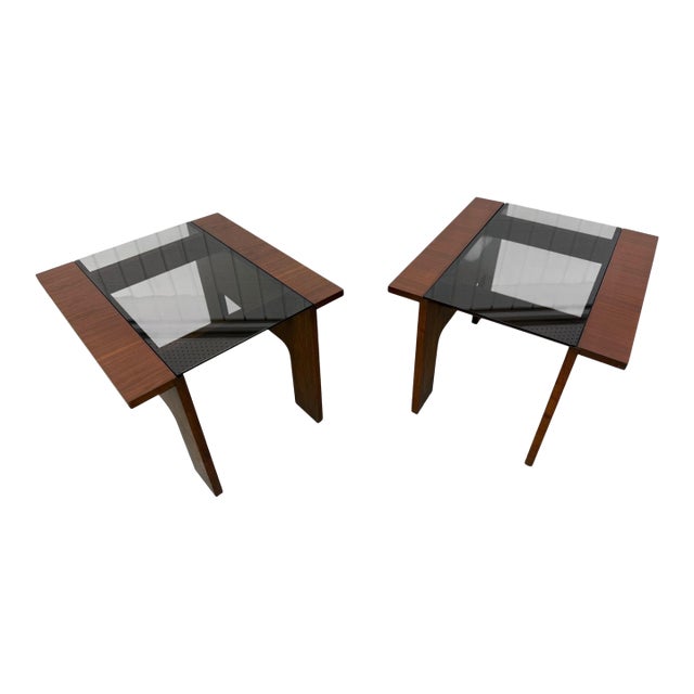 Mid-Century Modern Lane Smoked Glass Walnut Side Tables - Set of 2 For Sale