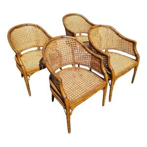 Set of Four Mid 20th Century Kindel Furniture Regency Style Faux Bamboo and Cane Barrel Chairs
