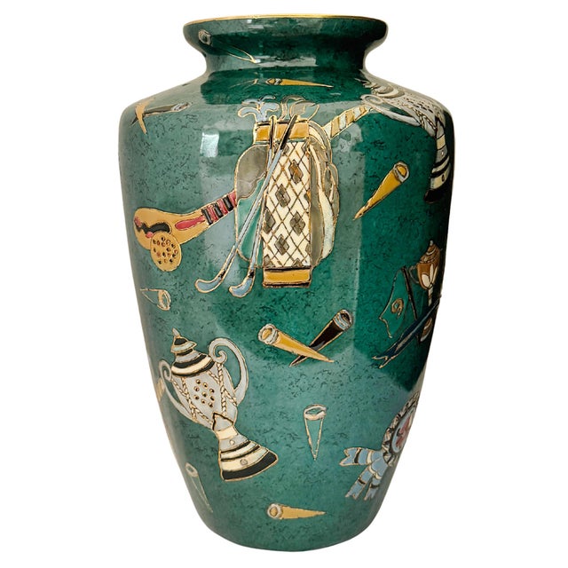 Late 20th Century Vintage Golf Motifs Emerald Green Porcelain Vase For Sale - Image 5 of 10