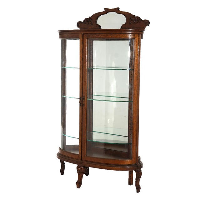 Early 20th Century Antique RJ Horner School Carved Oak & Curved Glass Mirrored China Cabinet C1910 For Sale - Image 12 of 12