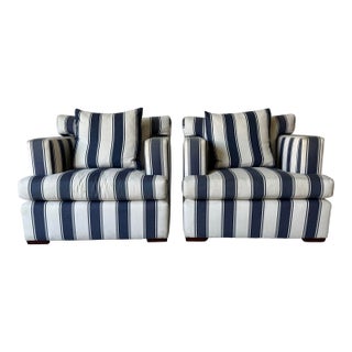Ralph Lauren Striped Upholstered Arm Lounge Chairs – Pair For Sale